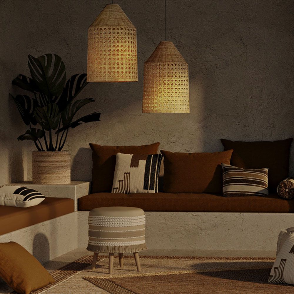 Rattan Pendelleuchte im Boho Bali Stil - Grau