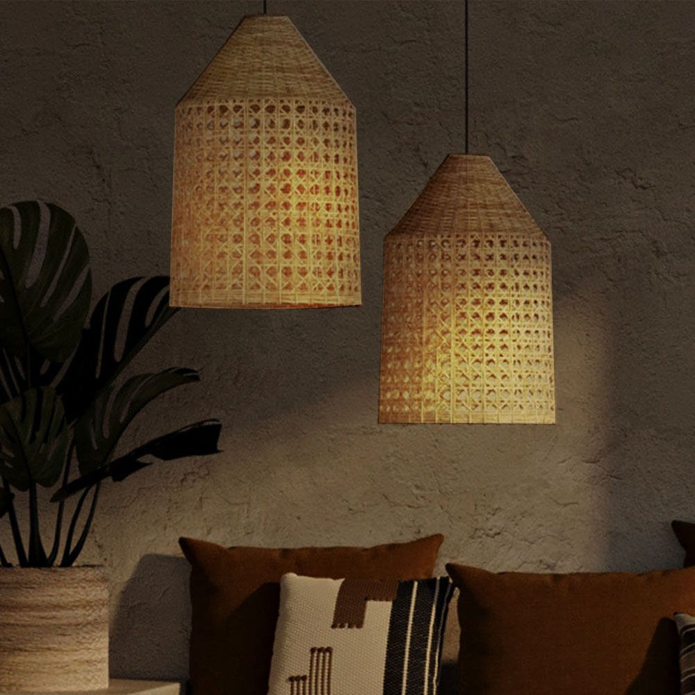 Rattan Pendelleuchte im Boho Bali Stil - Grau