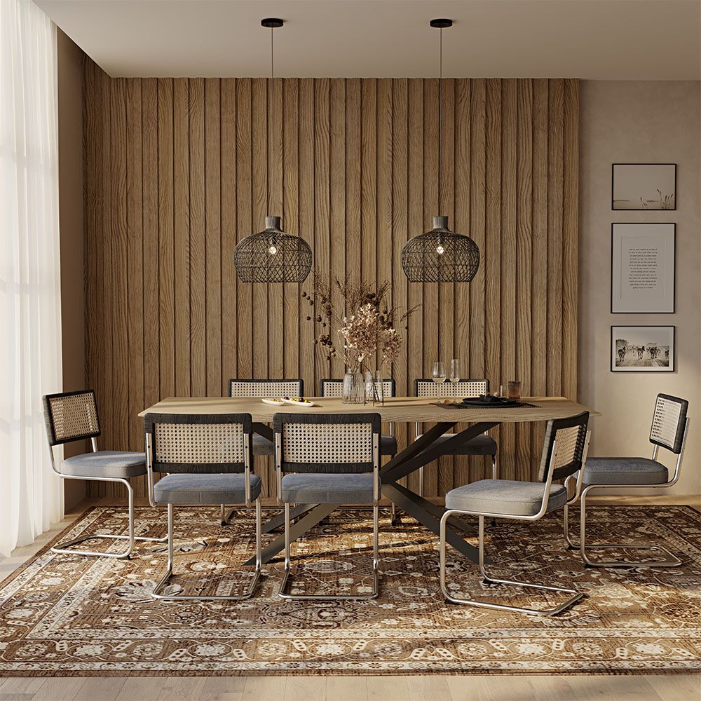 Essgruppe Holztisch (220 cm) im Industriedesign & 8 Stühle aus Rattan und Samtbezug - Jenka
